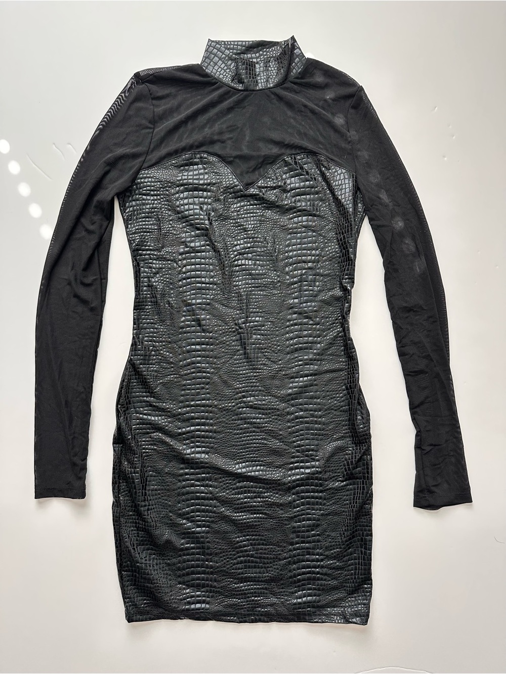 SHEIN Black Long-Sleeve Faux Croc Bodycon Dress